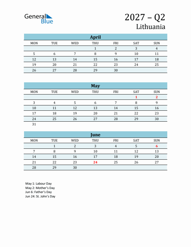 Three-Month Planner for Q2 2027 with Holidays - Lithuania