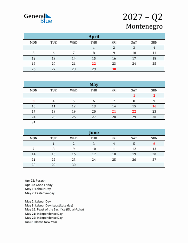 Three-Month Planner for Q2 2027 with Holidays - Montenegro