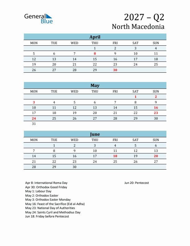 Three-Month Planner for Q2 2027 with Holidays - North Macedonia