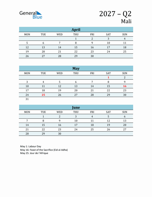 Three-Month Planner for Q2 2027 with Holidays - Mali