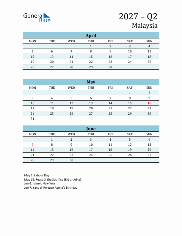 Three-Month Planner for Q2 2027 with Holidays - Malaysia
