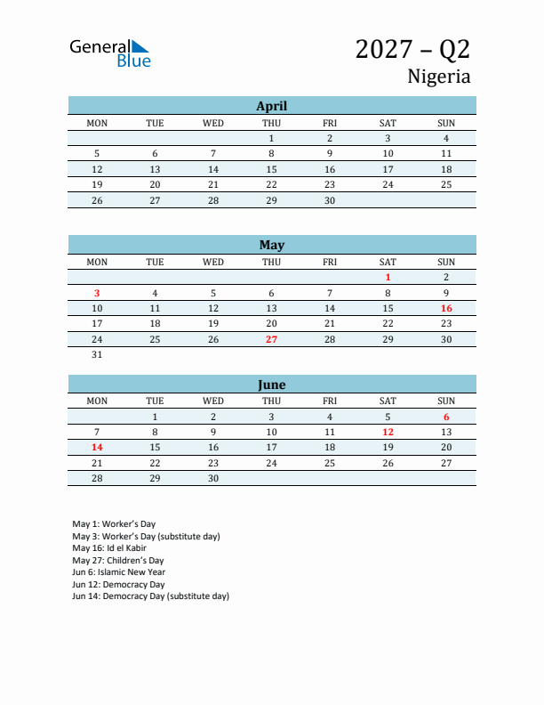 Three-Month Planner for Q2 2027 with Holidays - Nigeria