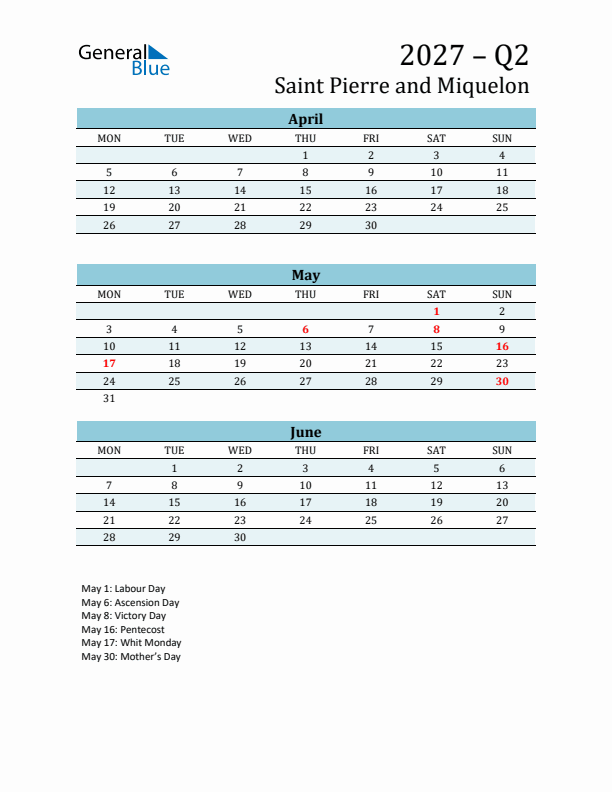 Three-Month Planner for Q2 2027 with Holidays - Saint Pierre and Miquelon