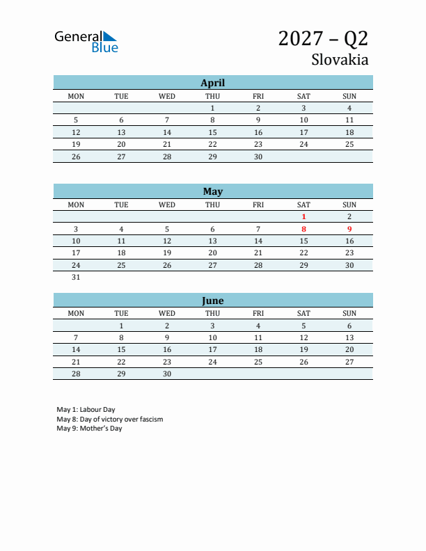 Three-Month Planner for Q2 2027 with Holidays - Slovakia