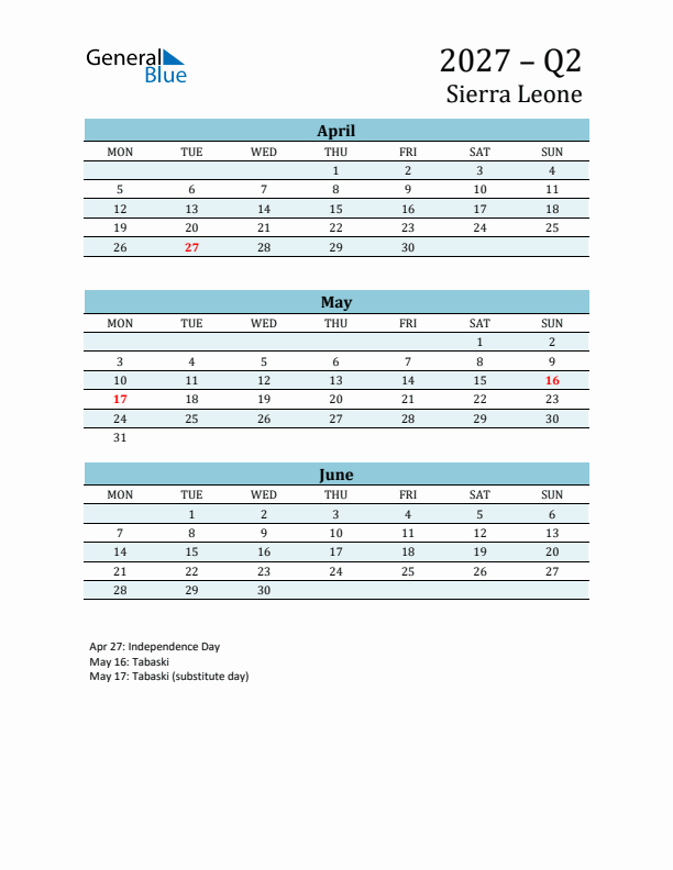 Three-Month Planner for Q2 2027 with Holidays - Sierra Leone