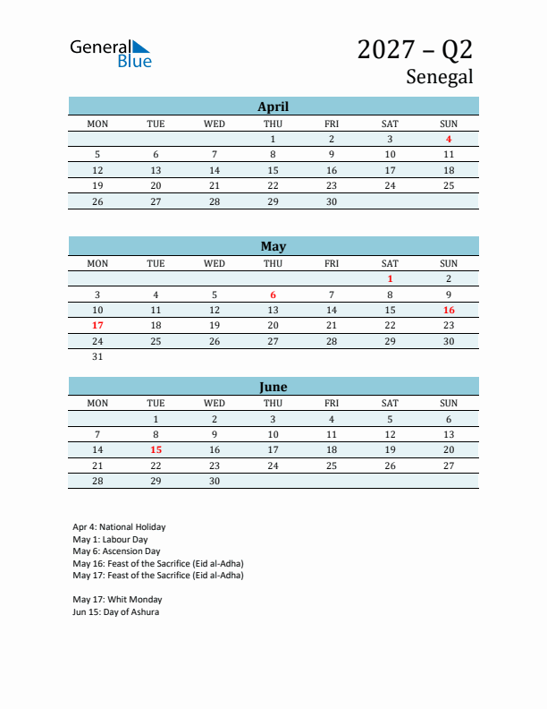 Three-Month Planner for Q2 2027 with Holidays - Senegal