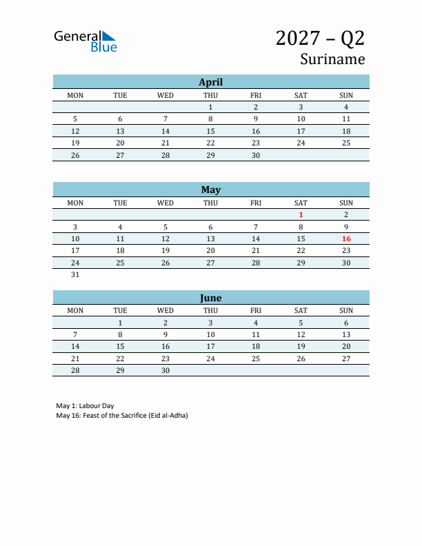 Three-Month Planner for Q2 2027 with Holidays - Suriname