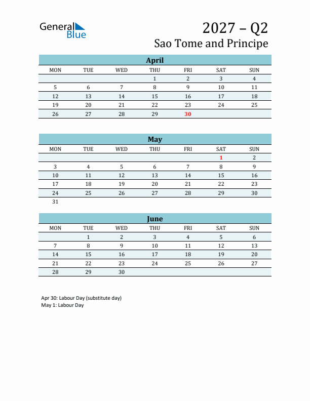 Three-Month Planner for Q2 2027 with Holidays - Sao Tome and Principe