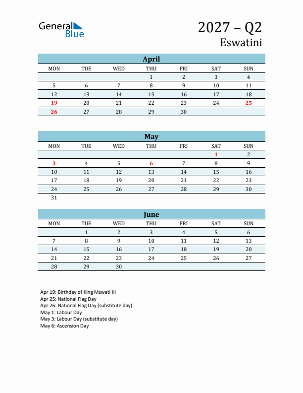 Three-Month Planner for Q2 2027 with Holidays - Eswatini