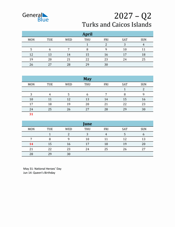 Three-Month Planner for Q2 2027 with Holidays - Turks and Caicos Islands