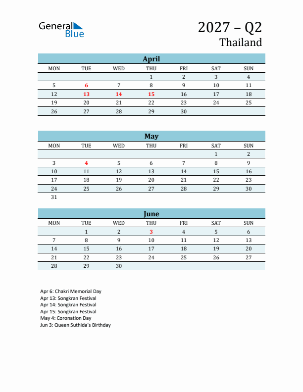 Three-Month Planner for Q2 2027 with Holidays - Thailand