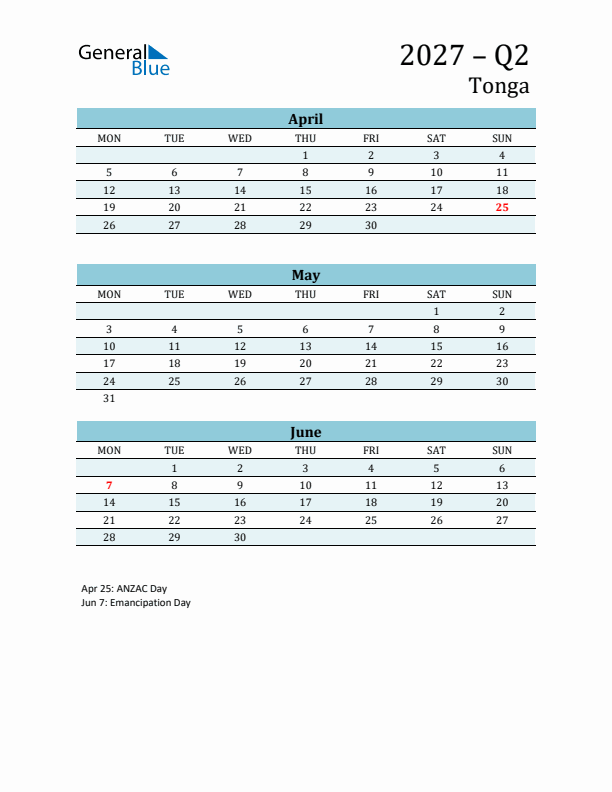 Three-Month Planner for Q2 2027 with Holidays - Tonga