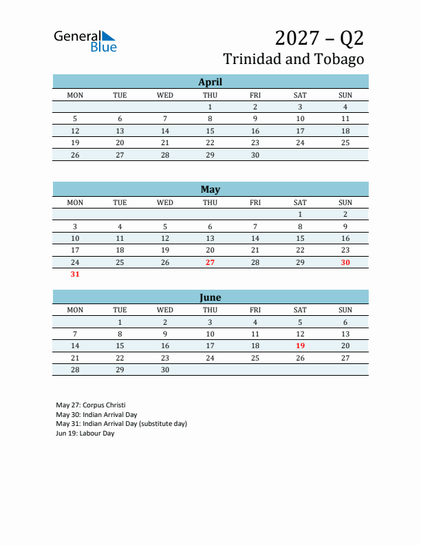 Three-Month Planner for Q2 2027 with Holidays - Trinidad and Tobago