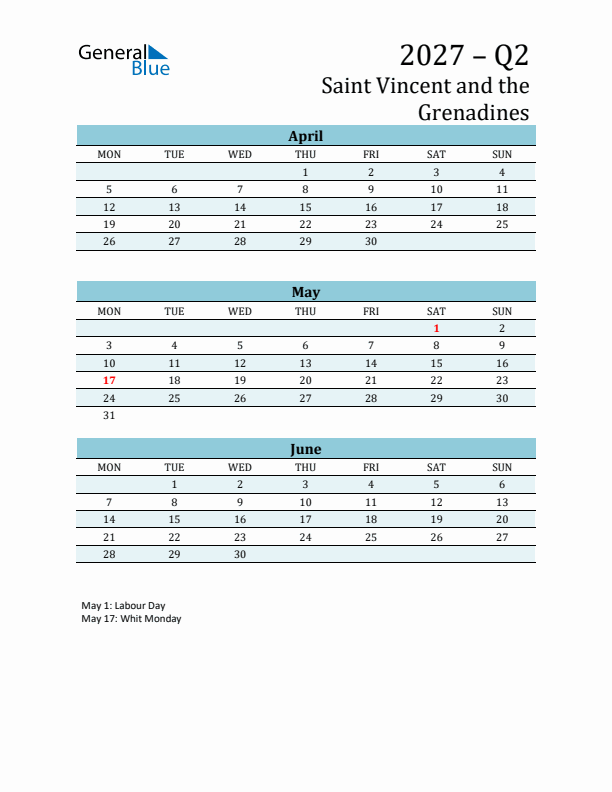 Three-Month Planner for Q2 2027 with Holidays - Saint Vincent and the Grenadines