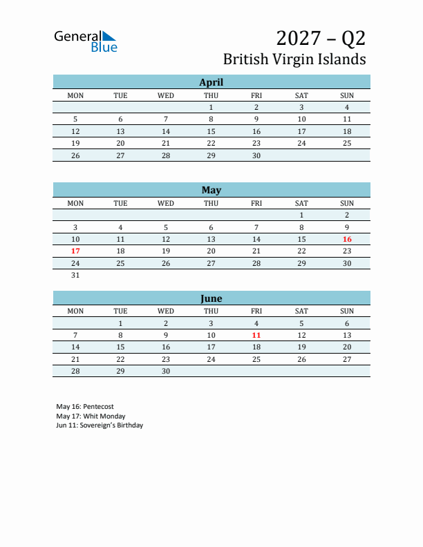 Three-Month Planner for Q2 2027 with Holidays - British Virgin Islands