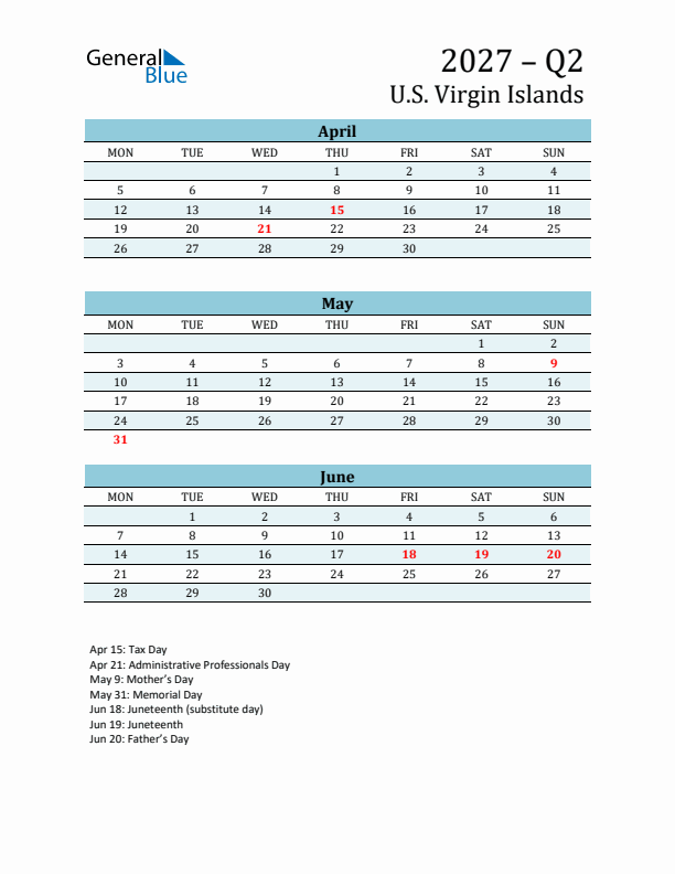 Three-Month Planner for Q2 2027 with Holidays - U.S. Virgin Islands