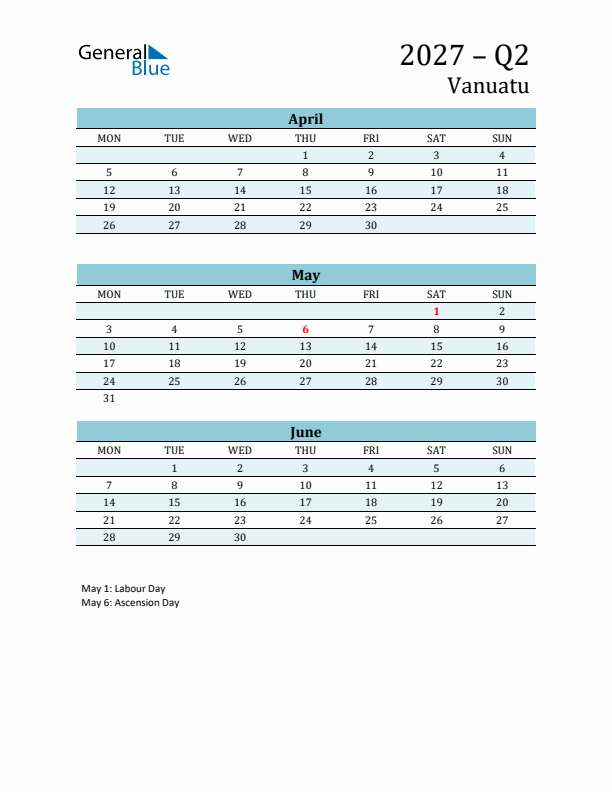 Three-Month Planner for Q2 2027 with Holidays - Vanuatu