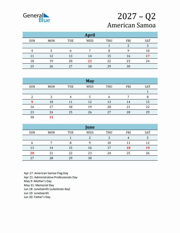 Three-Month Planner for Q2 2027 with Holidays - American Samoa