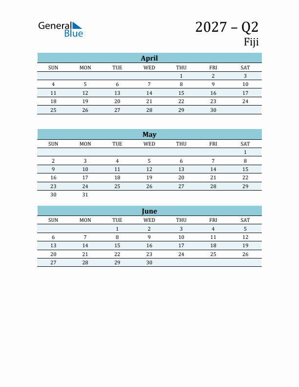 Three-Month Planner for Q2 2027 with Holidays - Fiji