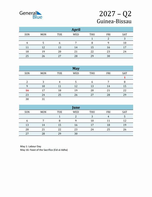 Three-Month Planner for Q2 2027 with Holidays - Guinea-Bissau
