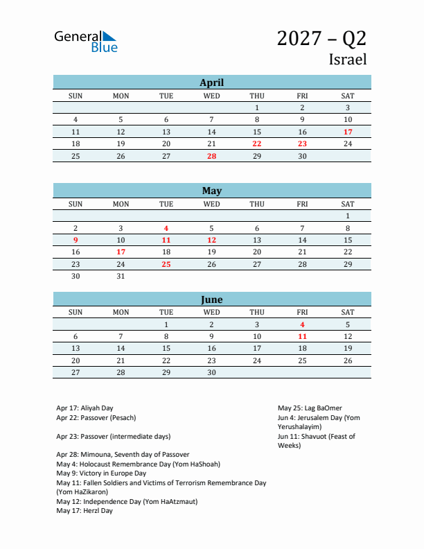 Three-Month Planner for Q2 2027 with Holidays - Israel