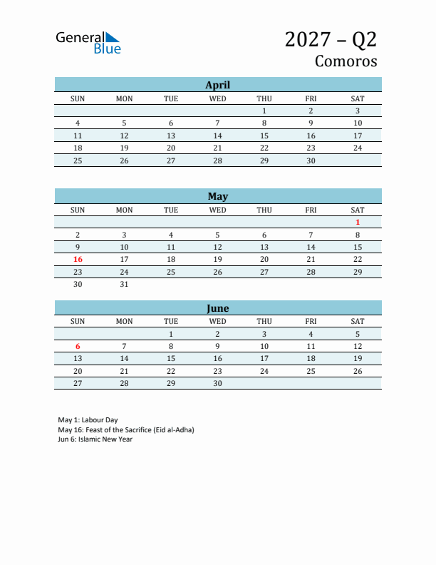 Three-Month Planner for Q2 2027 with Holidays - Comoros