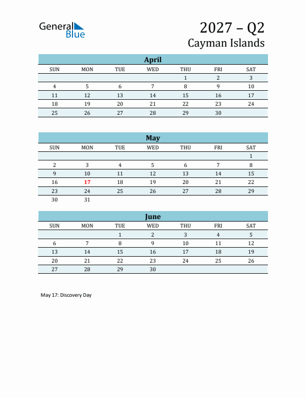 Three-Month Planner for Q2 2027 with Holidays - Cayman Islands
