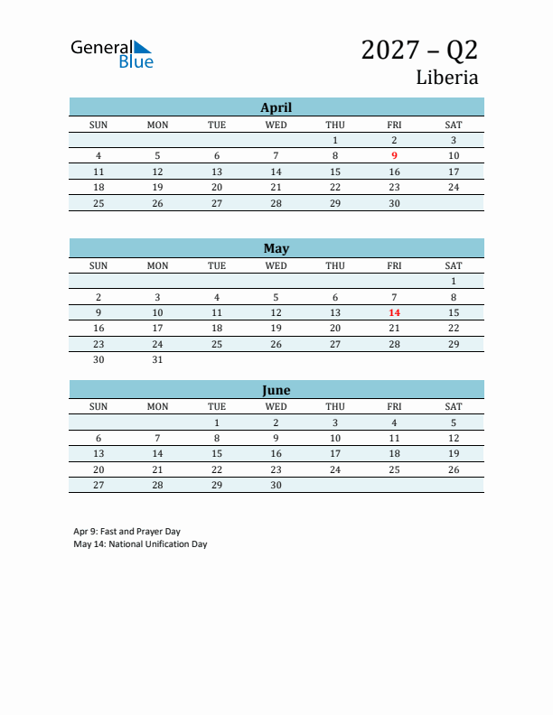 Three-Month Planner for Q2 2027 with Holidays - Liberia