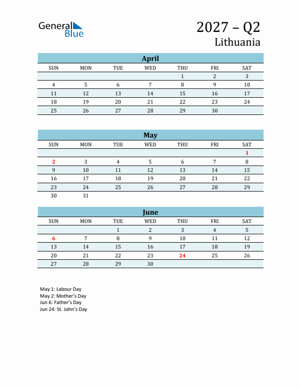 Three-Month Planner for Q2 2027 with Holidays - Lithuania