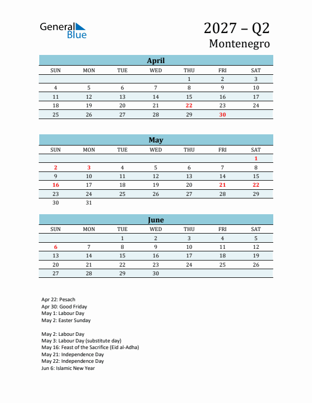 Three-Month Planner for Q2 2027 with Holidays - Montenegro