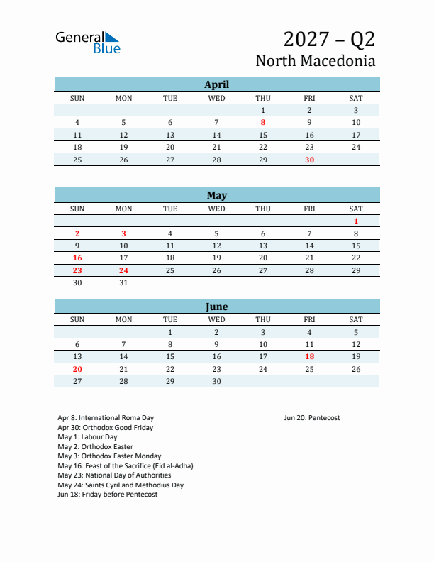 Three-Month Planner for Q2 2027 with Holidays - North Macedonia