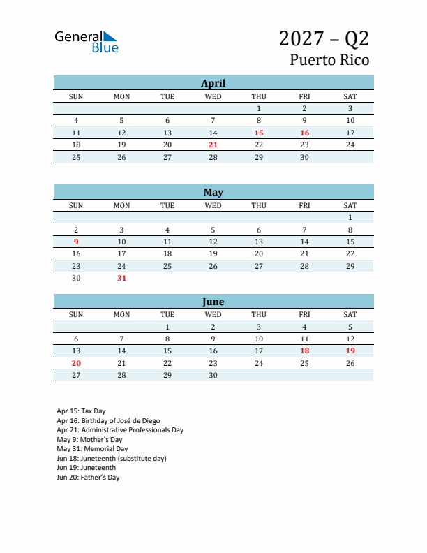 Three-Month Planner for Q2 2027 with Holidays - Puerto Rico