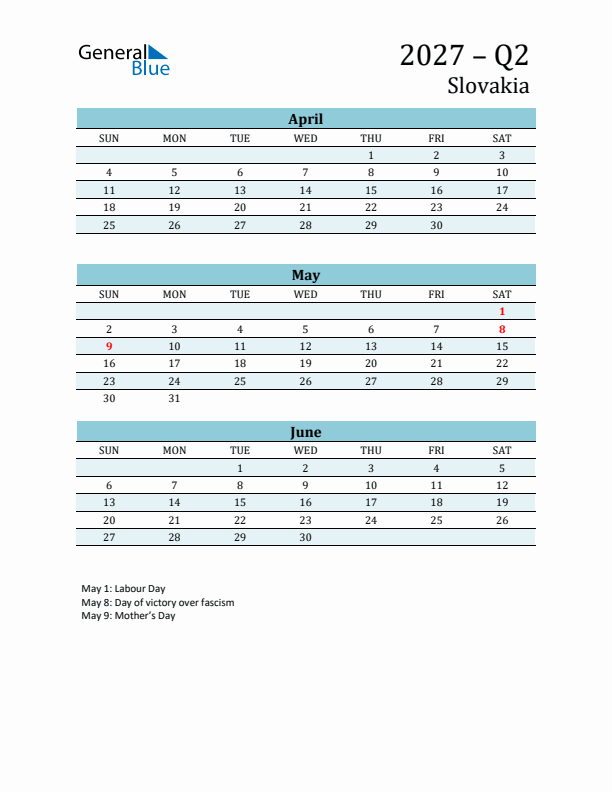 Three-Month Planner for Q2 2027 with Holidays - Slovakia