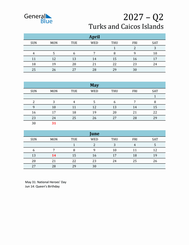 Three-Month Planner for Q2 2027 with Holidays - Turks and Caicos Islands