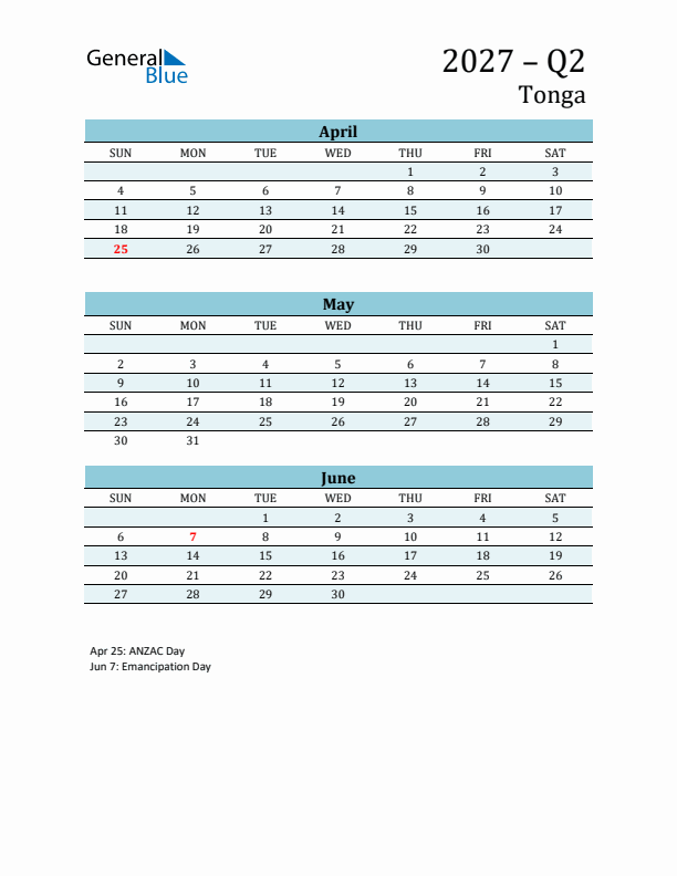 Three-Month Planner for Q2 2027 with Holidays - Tonga