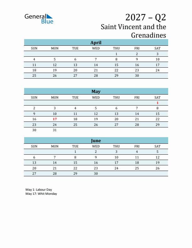 Three-Month Planner for Q2 2027 with Holidays - Saint Vincent and the Grenadines