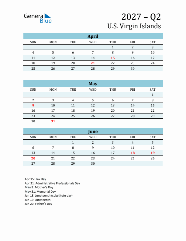 Three-Month Planner for Q2 2027 with Holidays - U.S. Virgin Islands