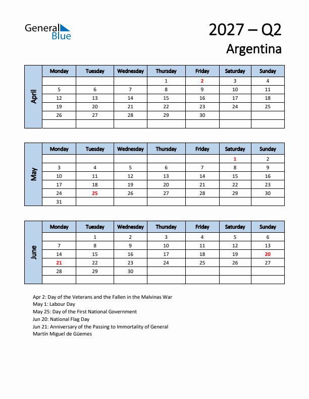 Free Q2 2027 Calendar for Argentina - Monday Start