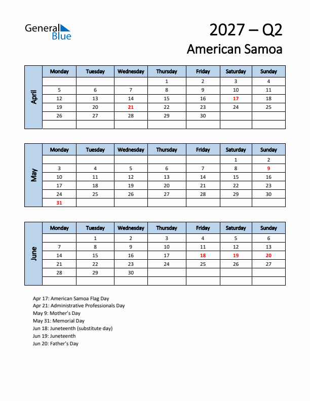 Free Q2 2027 Calendar for American Samoa - Monday Start
