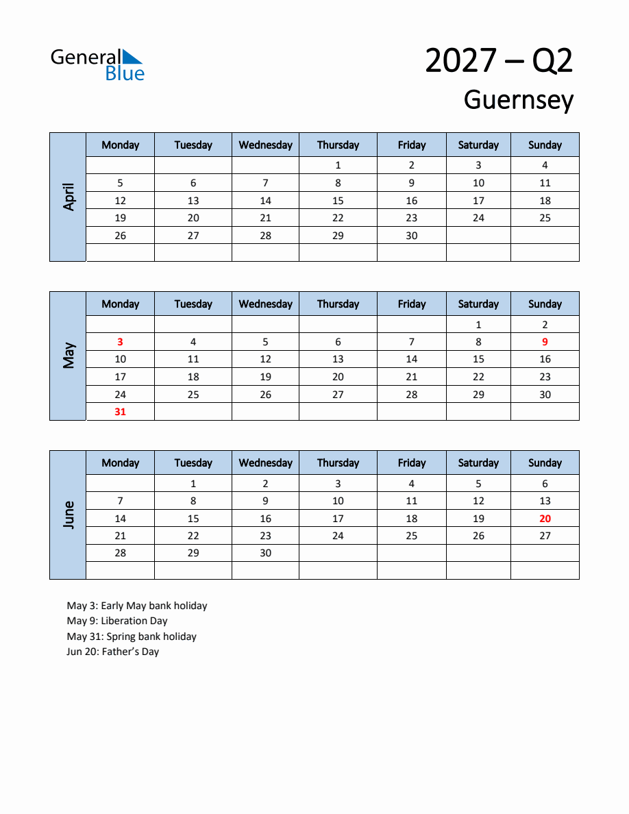 Free Q2 2027 Calendar for Guernsey - Monday Start