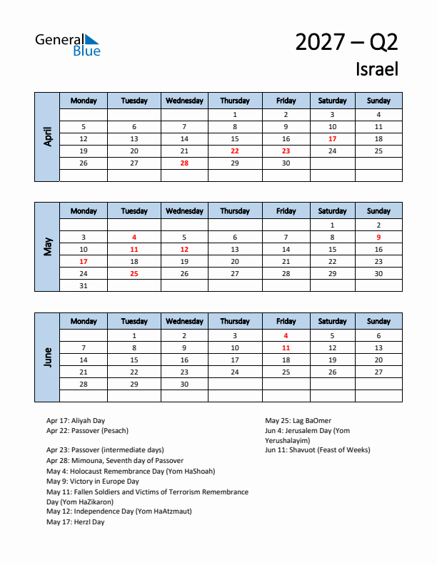 Free Q2 2027 Calendar for Israel - Monday Start