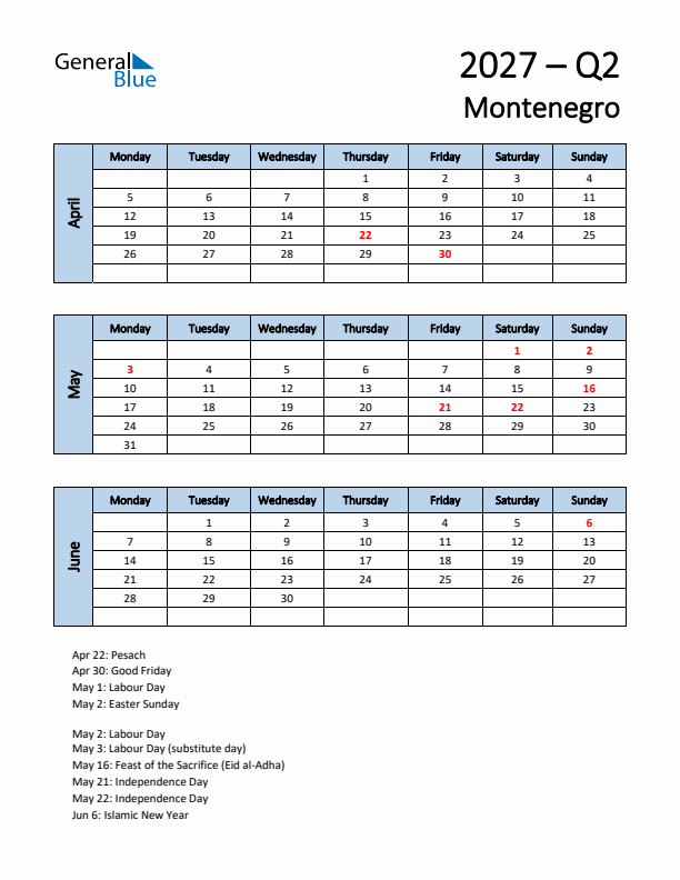 Free Q2 2027 Calendar for Montenegro - Monday Start