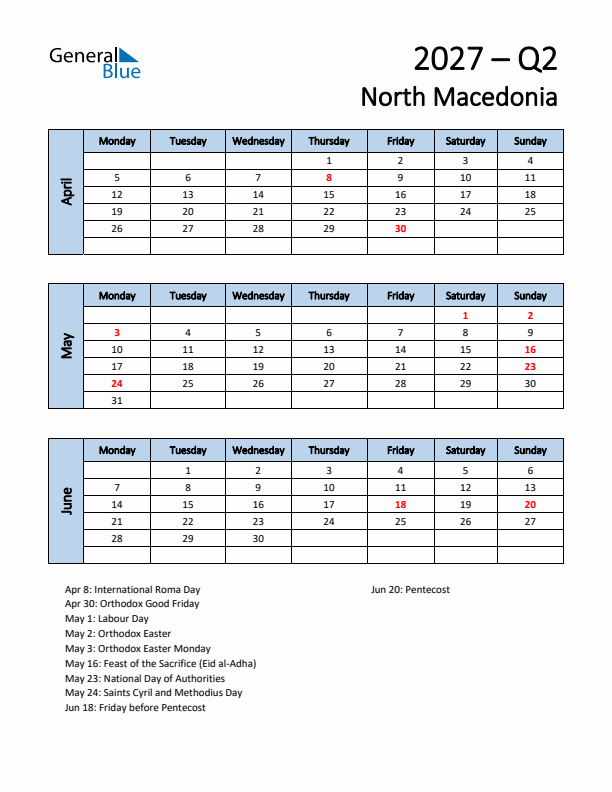 Free Q2 2027 Calendar for North Macedonia - Monday Start