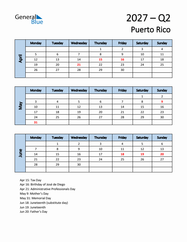 Free Q2 2027 Calendar for Puerto Rico - Monday Start