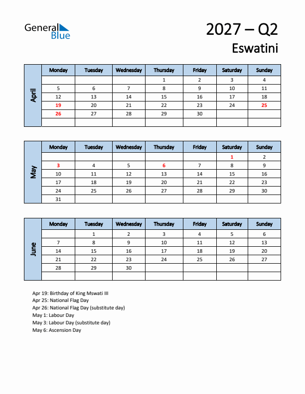 Free Q2 2027 Calendar for Eswatini - Monday Start