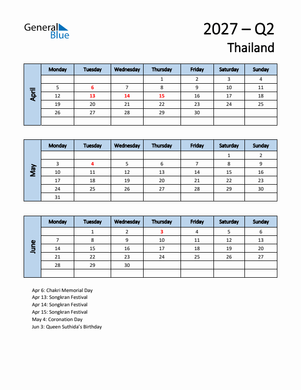 Free Q2 2027 Calendar for Thailand - Monday Start