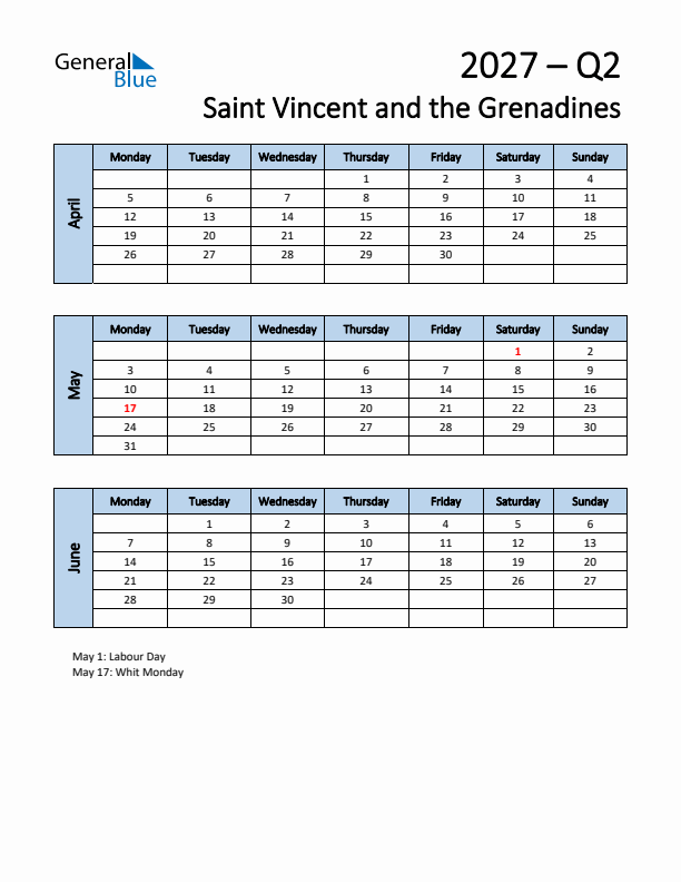 Free Q2 2027 Calendar for Saint Vincent and the Grenadines - Monday Start