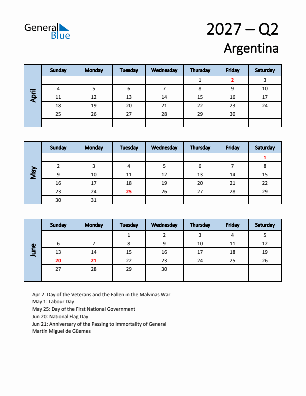 Free Q2 2027 Calendar for Argentina - Sunday Start