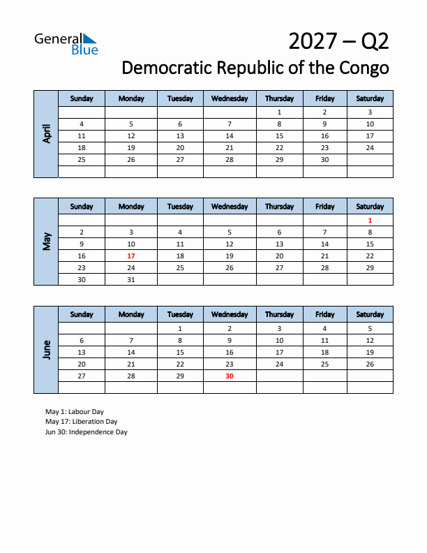 Free Q2 2027 Calendar for Democratic Republic of the Congo - Sunday Start
