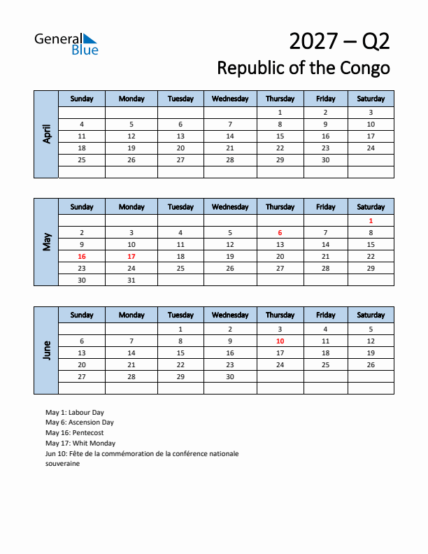 Free Q2 2027 Calendar for Republic of the Congo - Sunday Start